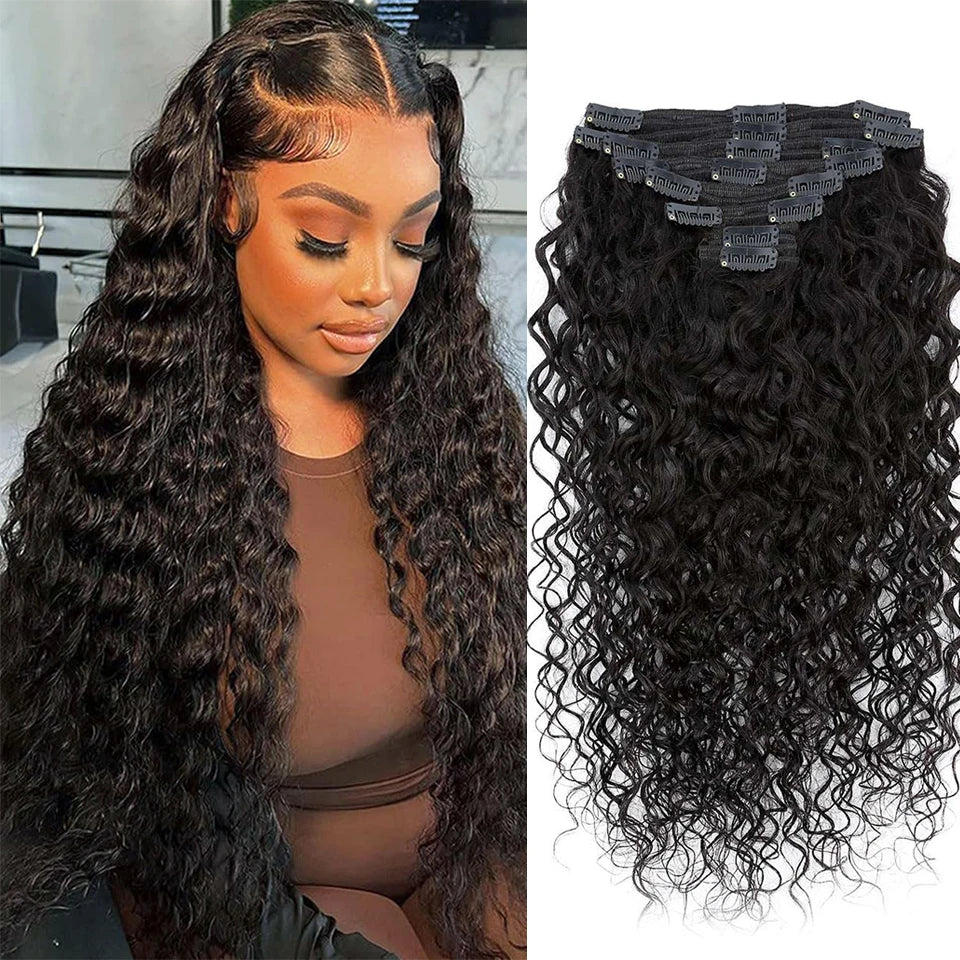 Brazilian Water Wave Clip in Extensions 100% Human Hair Full Head Hair Extension for Women Easy to Use Hair Clips Hair Natural