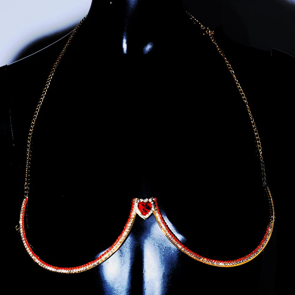 Red Heart Bra Chain Body Jewelry Women Crystal Bracket Splicing Chest Beach Underwear Jewellery Dance Jewelry Bodysuit Clothes