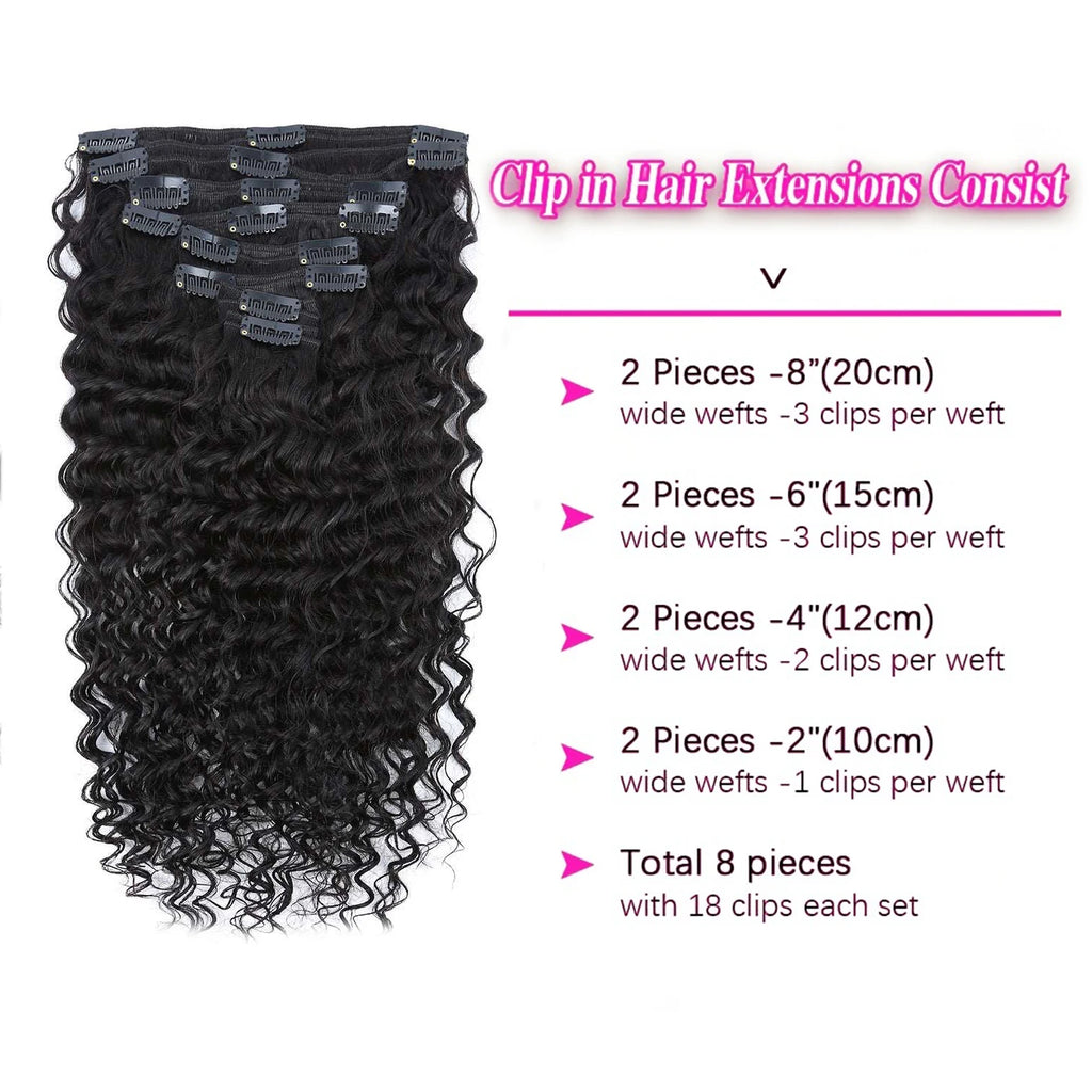 Brazilian Clip-In Extensions Natural Human Hair Full Head Hair Extension for Women Deep Wave and Easy to Use Hair Clips Hair
