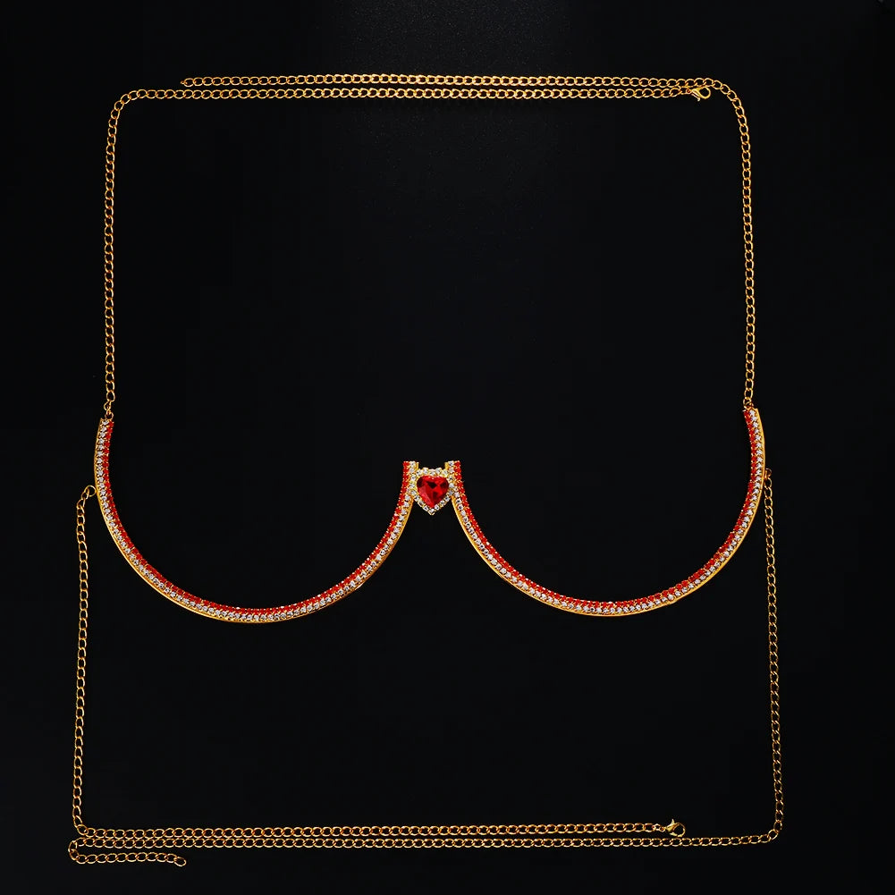 Red Heart Bra Chain Body Jewelry Women Crystal Bracket Splicing Chest Beach Underwear Jewellery Dance Jewelry Bodysuit Clothes