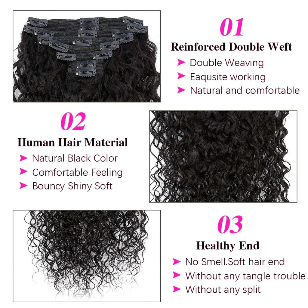 Brazilian Water Wave Clip in Extensions 100% Human Hair Full Head Hair Extension for Women Easy to Use Hair Clips Hair Natural