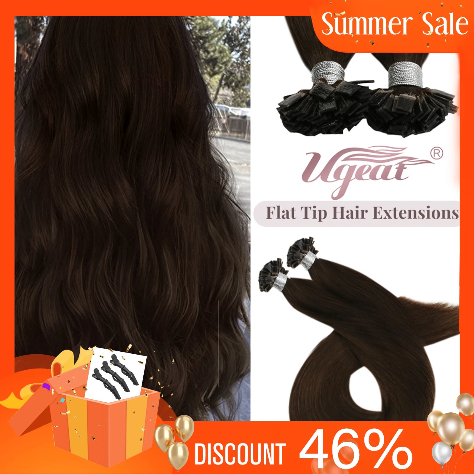 Ugeat Flat Tip Hair Extensions Human Hair Fushion Remy Hair 14-24" 50 Strands/Pack Natural Straight Keratin Hair Extensions