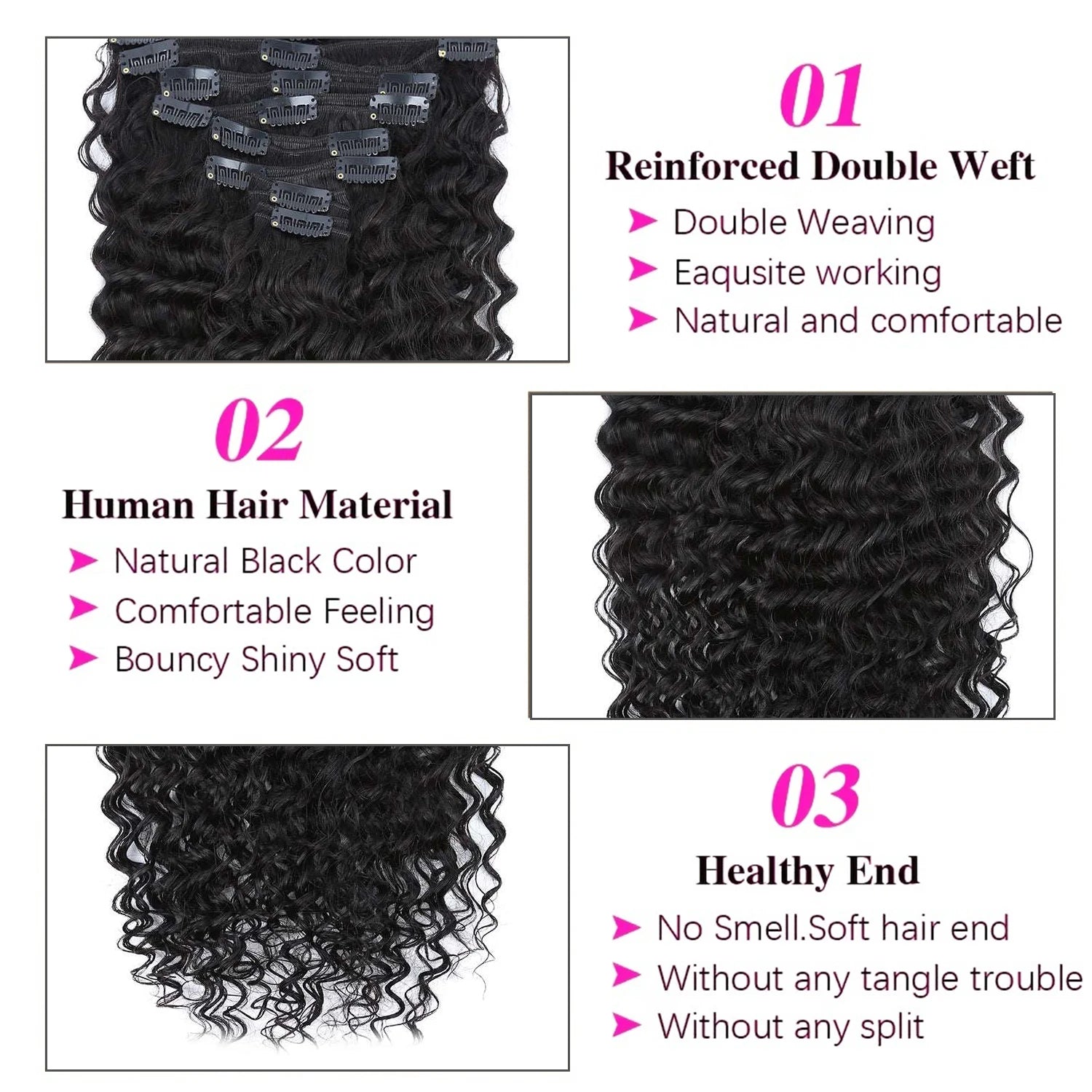 Brazilian Clip-In Extensions Natural Human Hair Full Head Hair Extension for Women Deep Wave and Easy to Use Hair Clips Hair