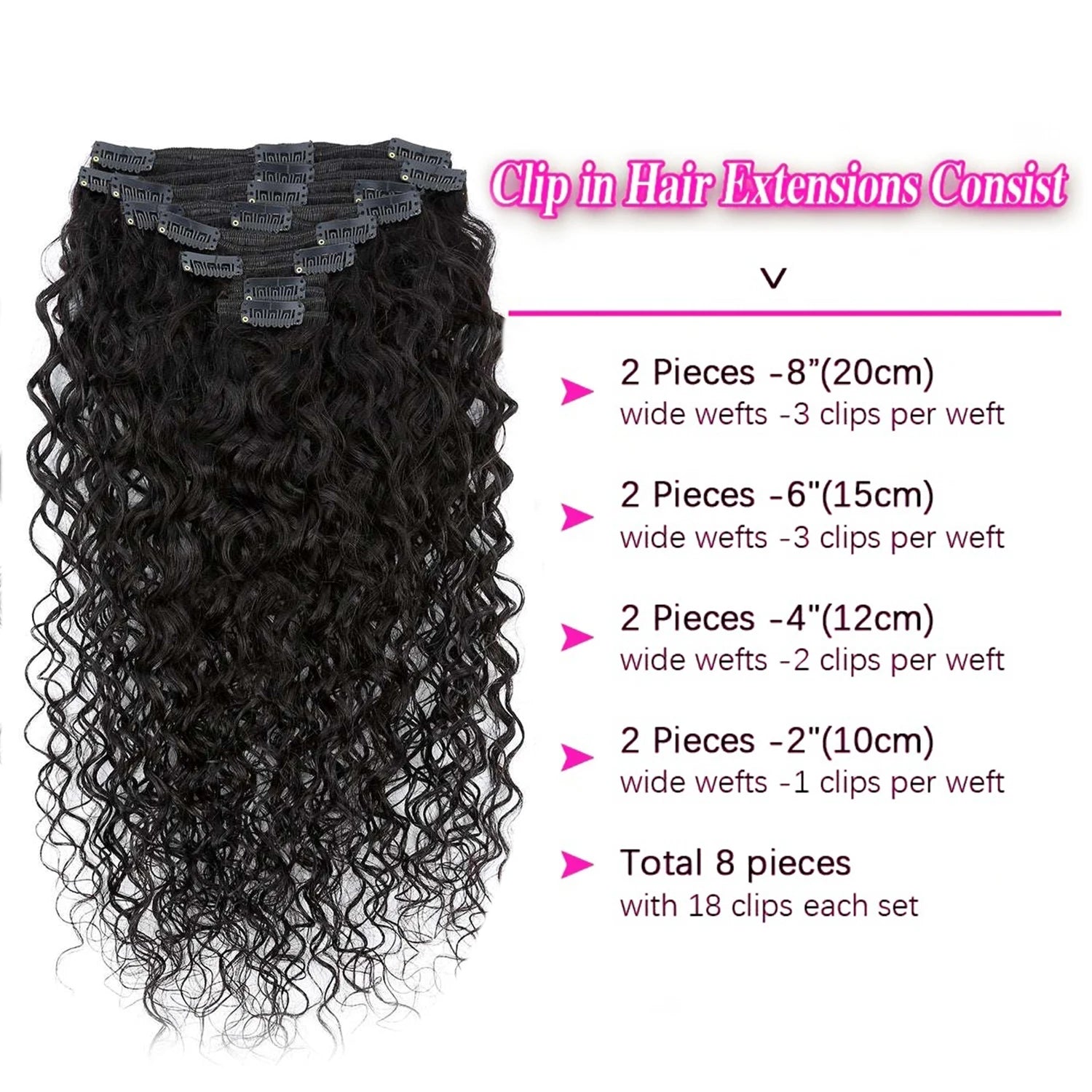 Brazilian Water Wave Clip in Extensions 100% Human Hair Full Head Hair Extension for Women Easy to Use Hair Clips Hair Natural