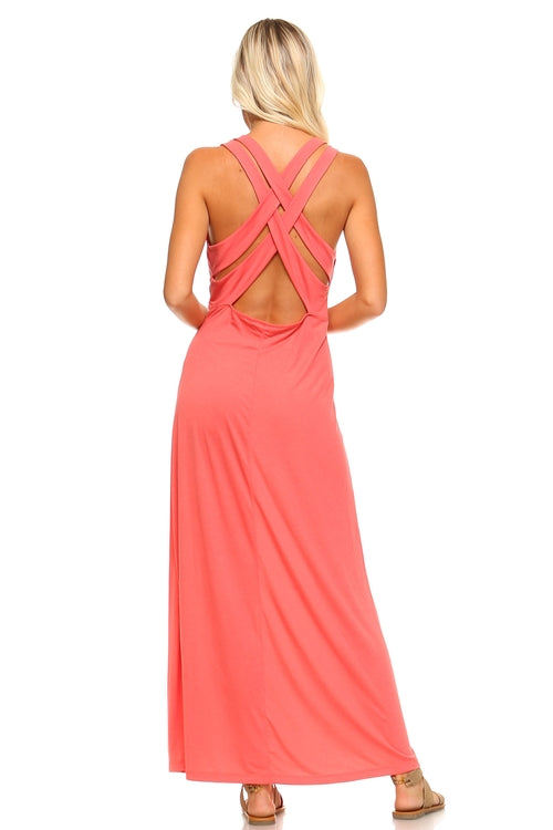 Women's Halter Maxi Dress with Cross Back Straps - My Store