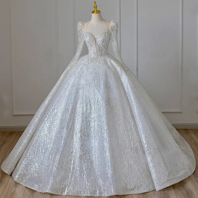 Shining Long Sleeve Ball Gown Wedding Dress Backless Sequin Wedding Dress Beading Bridal Gowns Plus Size Dresses - My Store