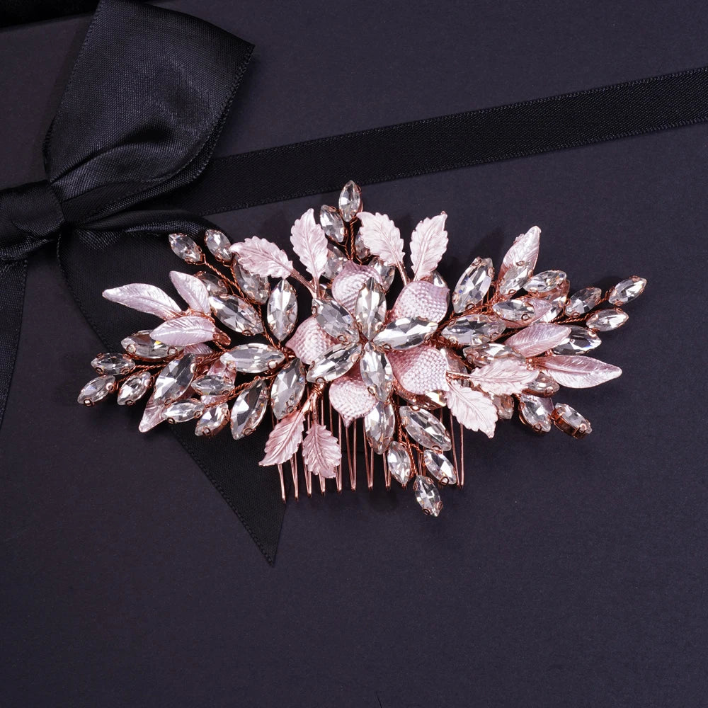 Luxury Gold Rhinestones Leaf Flower Hair Comb Bridal Pearl Hair Accessories for Women