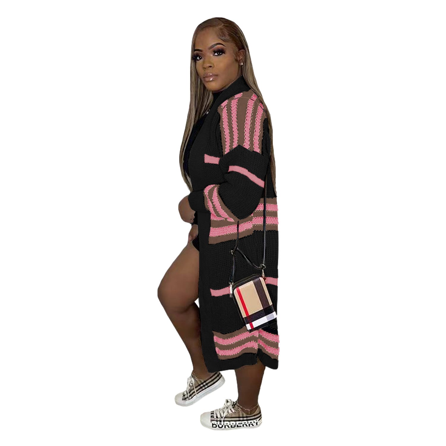 Women Coat Plus Size L-3xl Wear Out Knitted Striped Long Coat   Casual Cardigan Coats for Adult