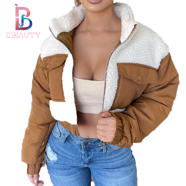 Ibeauty Top Sale Street Short Lamb Wool Stitched Zip Coat Women's Trench Coats Winter Coats for Ladies Women