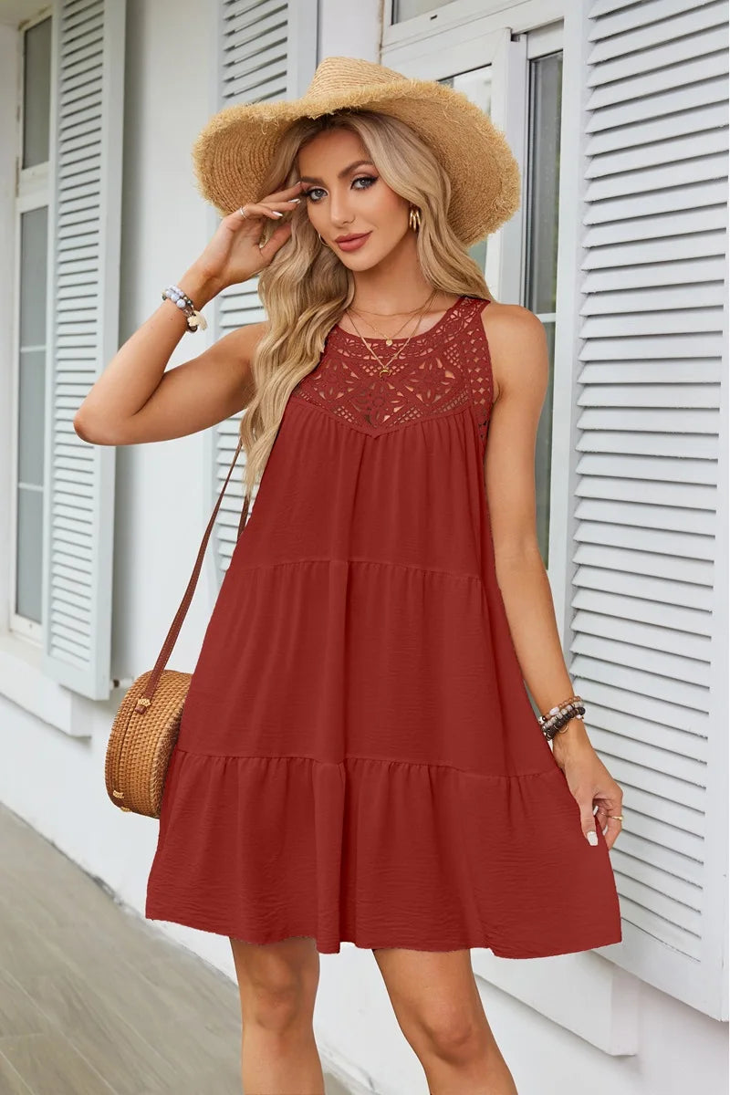Custom Logo Women's Dresses Hollow Lace Stitching Halter Neck A-Word Dress Casual Dresses