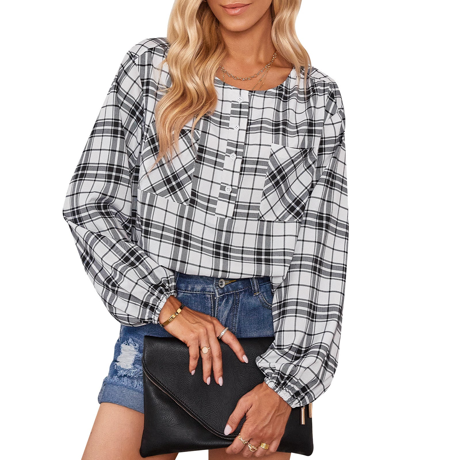 2022 New Fashion Shirts Elegant Blouses Tops Casual Plaid  Design Puff Sleeve Women Blouse Shirt