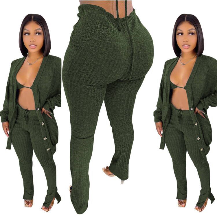 3 Piece Pants Set Winter Outfits for Women Yoga Bra Button Down Shirt and Split Pants Rib Knit Cotton Pant Set Womens Clothing