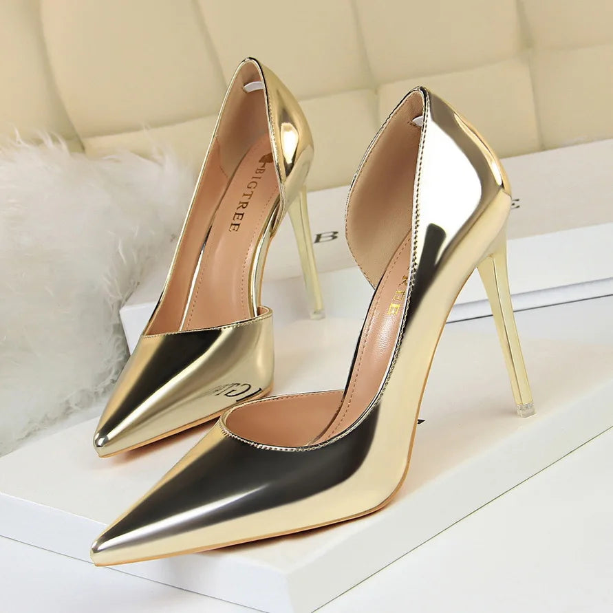 High Heels Simple Stiletto Metal Heel High Heel Shallow Pointed Toe Side Hollow Sexy Single Shoes