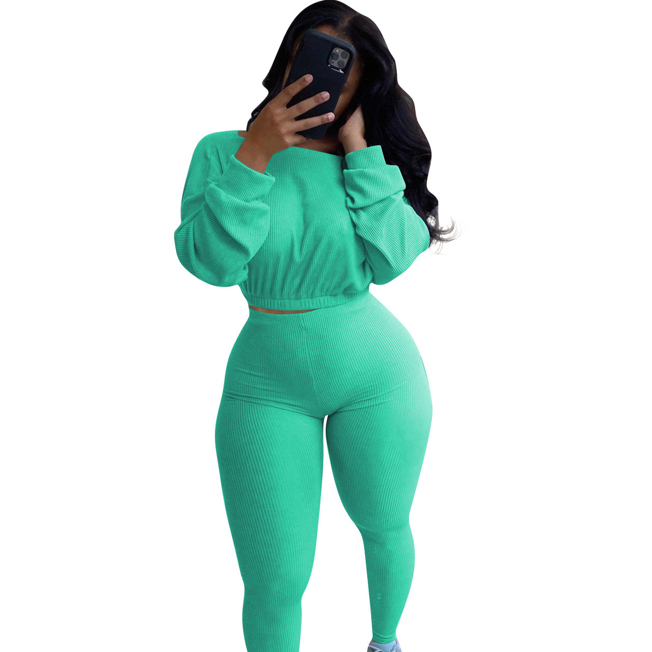 Spring Fall Ladies Clothing Multicolor 2 Piece Jogger Set Woman Boat Neck Elastic Band Casual Rib Activewear Pants Set