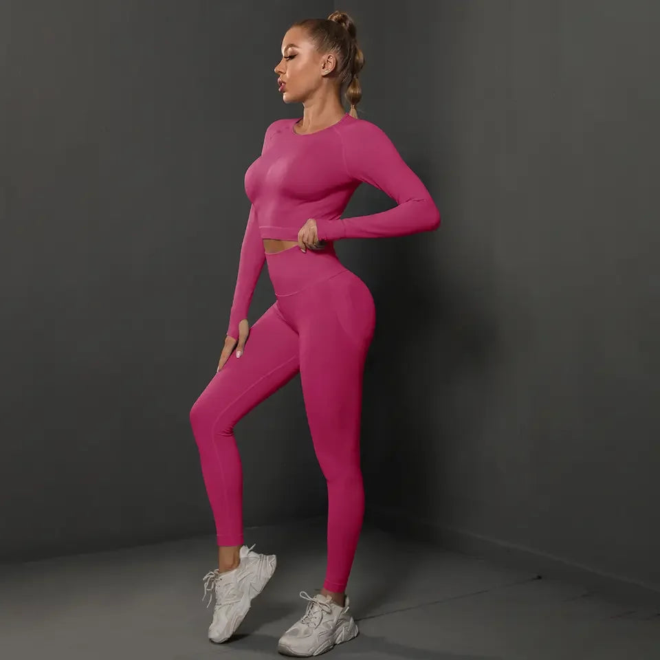 Hot Selling New Custom Logo Plus Size Seamless Activewear Set Long Sleeved Top Leggings 2 Piece Set Custom Yoga Set