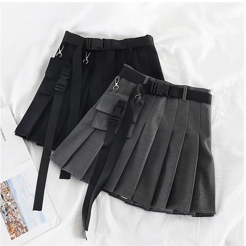 Women Streetwear Tooling Half-Length Pleated Skirt Safari Black Short Skirt Fashion High Waist Harajuku Women Skirts