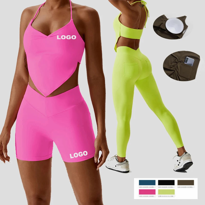 2023 New Running Sets New Design Nude Vest Bra Tops Shorts High Waist Leggings Two Piece Activewear Yoga Outfit for Women