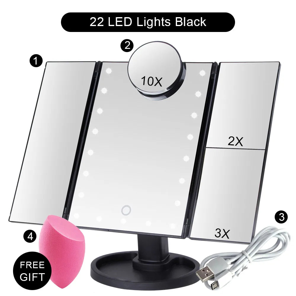 Touch Screen Makeup Mirror With 22 LED Light 1x/2x/3x/10x Magnifying Glass Compact Vanity Mirror Flexible Cosmetics Mirrors Make