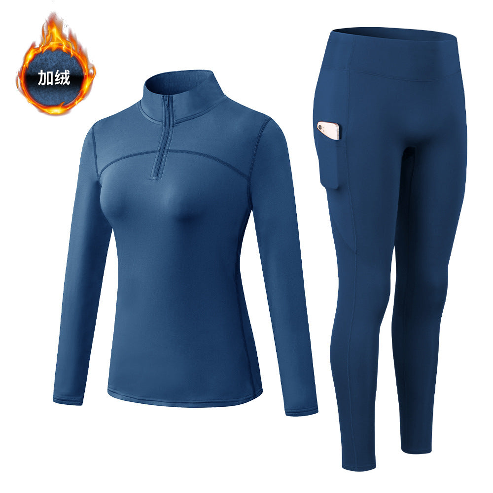 Women Activewear Breathable Quick Dry Plush Long Sleeved Zipper Top Side Pocket Workout Leggings 2 Pieces Gym Wear Set