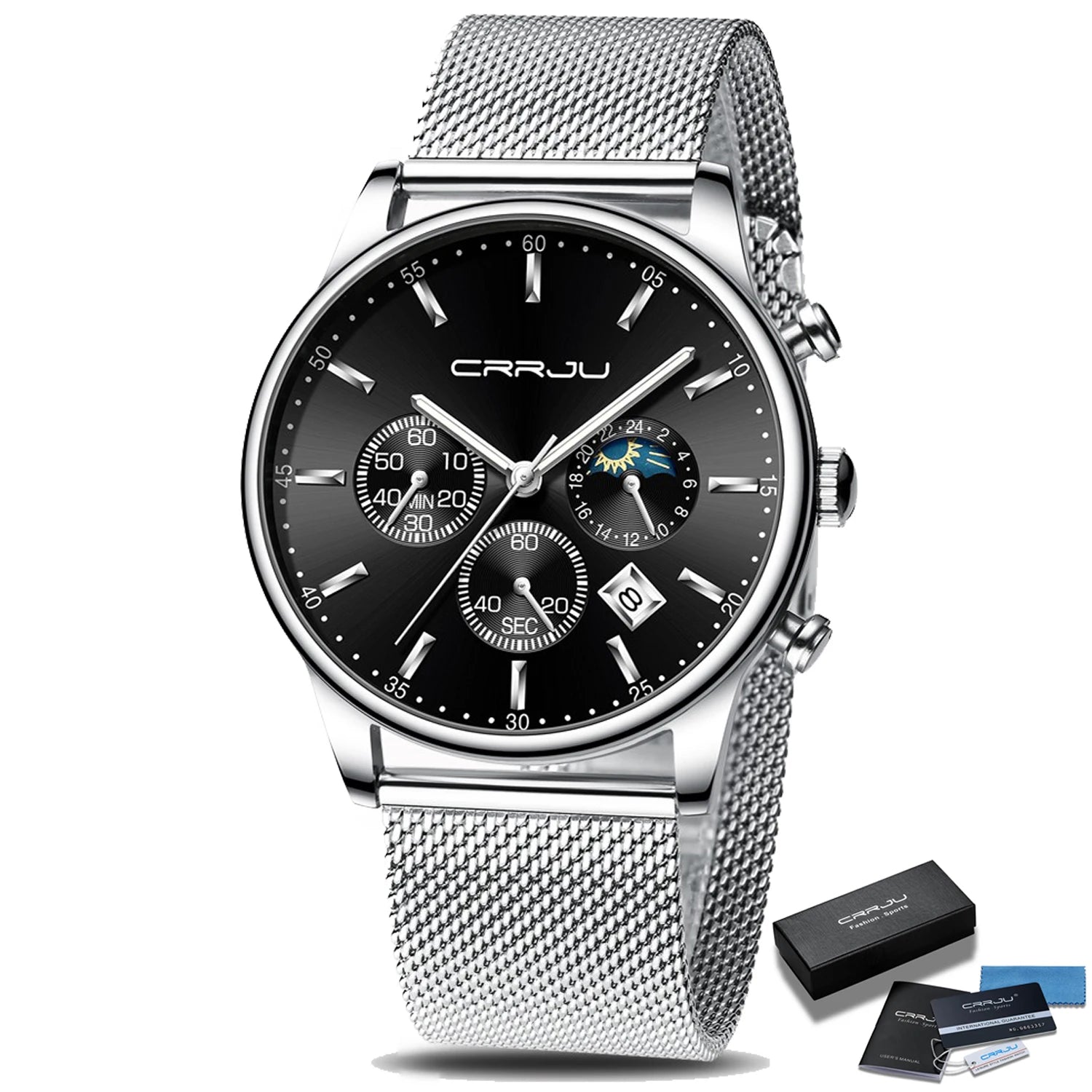 Relogio Masculino CRRJU Luxury Quartz Watch for Men Blue Dial Watches Sport Watches Chronograph Clock Mesh Belt Wrist Watch