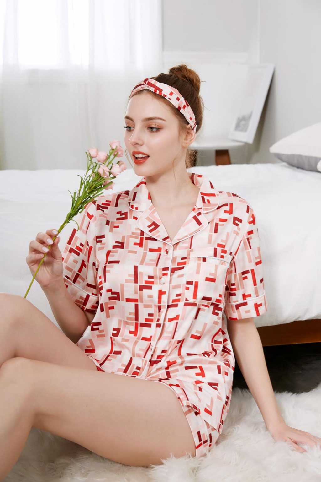 Cute New Summer Satin Modal Pajamas Headband Pajama Satin Sleep Wear Pajama
