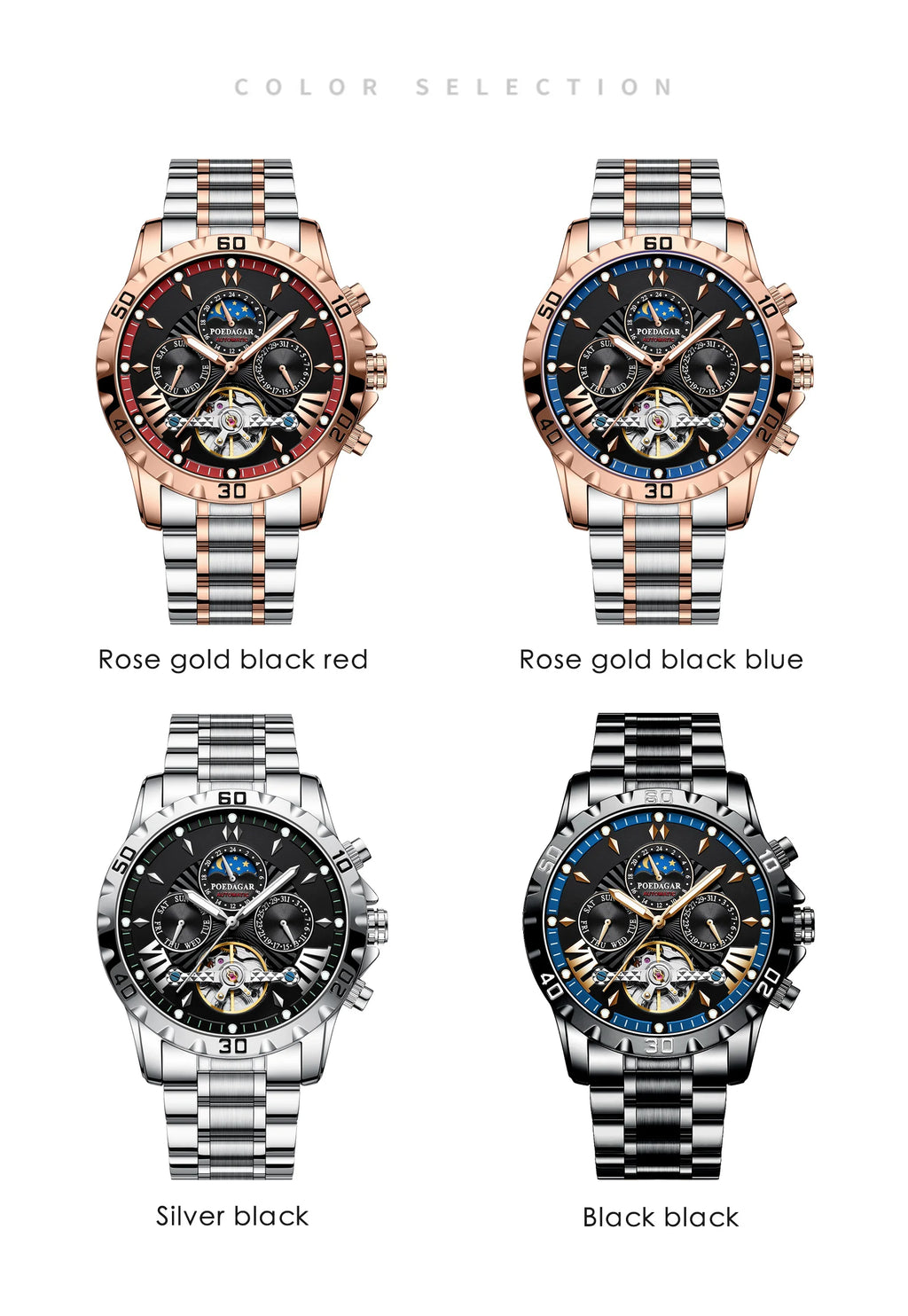 POEDAGAR 1410 Tourbillon Man Watch Waterproof Automatic Mechanical Watches for Men Luminous Multi-Function Men's Wrist Watches