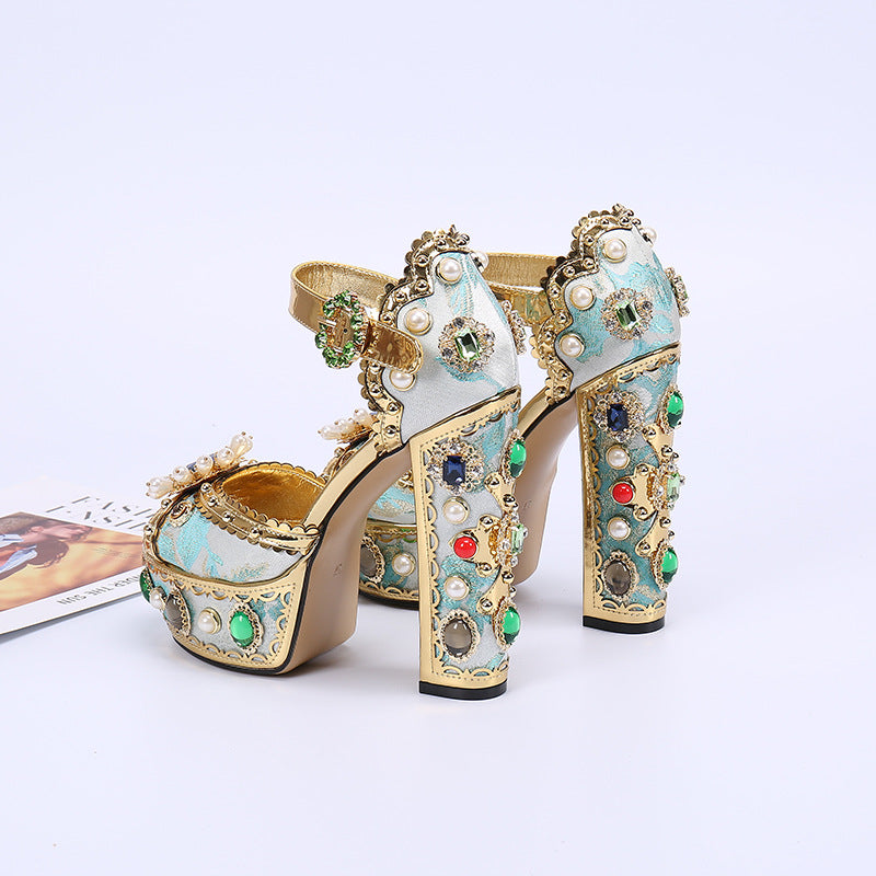 Diamond Women Heels Gold Genuine Leather Sandals Block Heel Shoes Luxury Brand