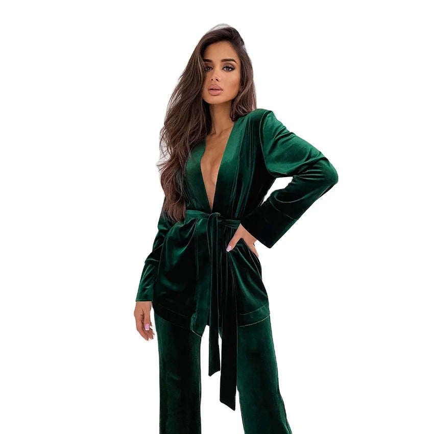 Velvet Pajamas 2PCS Women's Clothing Flannel Pajama Set Velvet Nightgown Sexy Winter Outfits Warm Sleepwear Robe