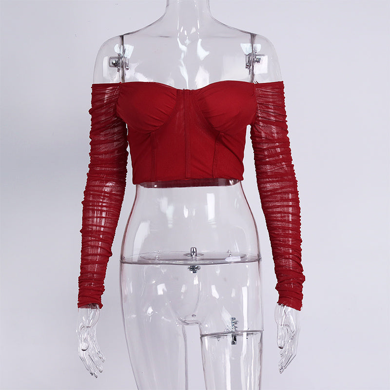 Fashion Crop Top Solid Color Women Blouse Lady Mesh Sleeve Top Long Sleeve Blouse Tops Sexy Blouses for Women