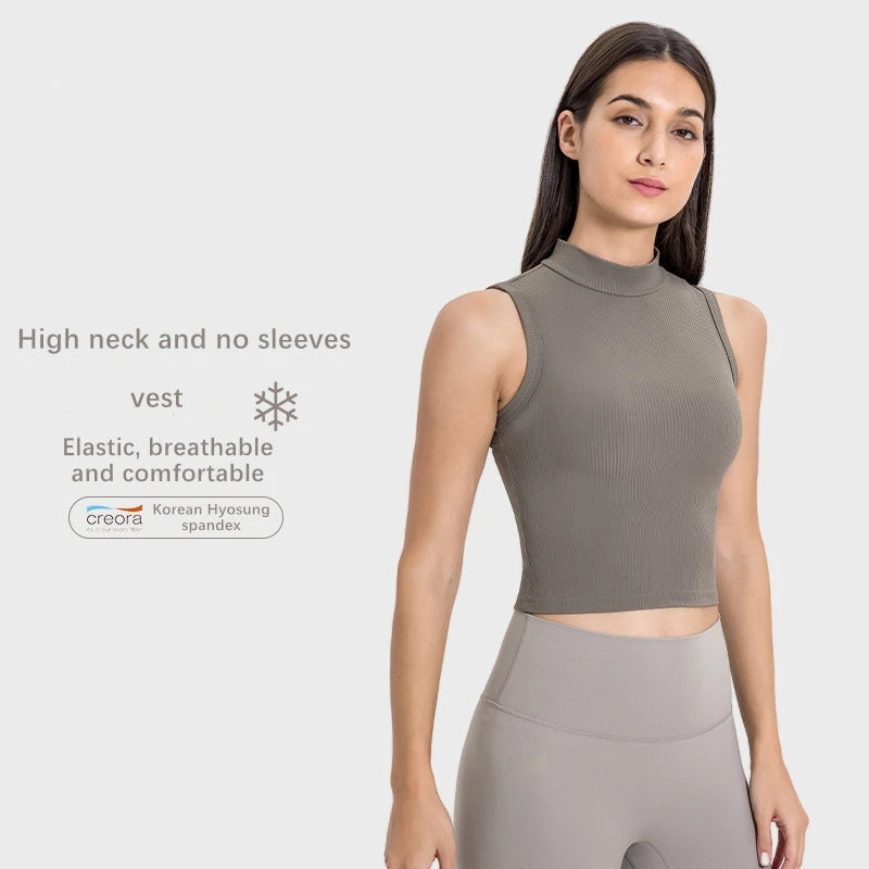 Xsunwing Sports Crop Tank Tops Women Seamless Ribbed Activewear Round High Neck Workout Crop Top Casual Yoga Gym Vest WDQ102