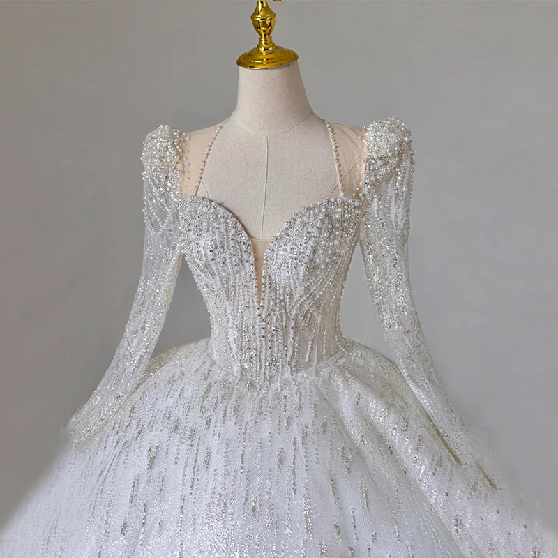 Shining Long Sleeve Ball Gown Wedding Dress Backless Sequin Wedding Dress Beading Bridal Gowns Plus Size Dresses - My Store