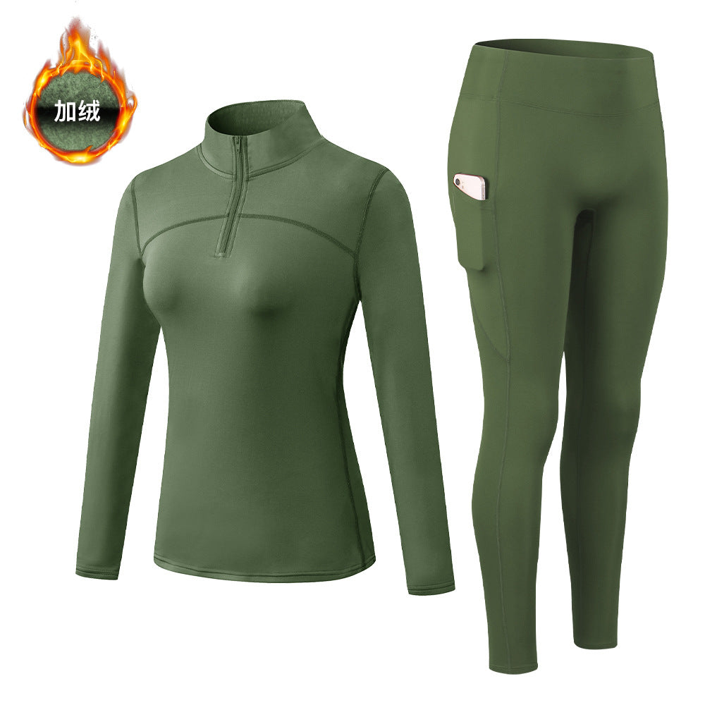 Women Activewear Breathable Quick Dry Plush Long Sleeved Zipper Top Side Pocket Workout Leggings 2 Pieces Gym Wear Set
