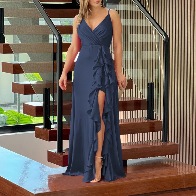 2025 Hot Selling Spaghetti Strap V-Neck Bridesmaid Dresses Wedding High Waist Ruffle Slit Party Dresses Women Evening Dress - My Store