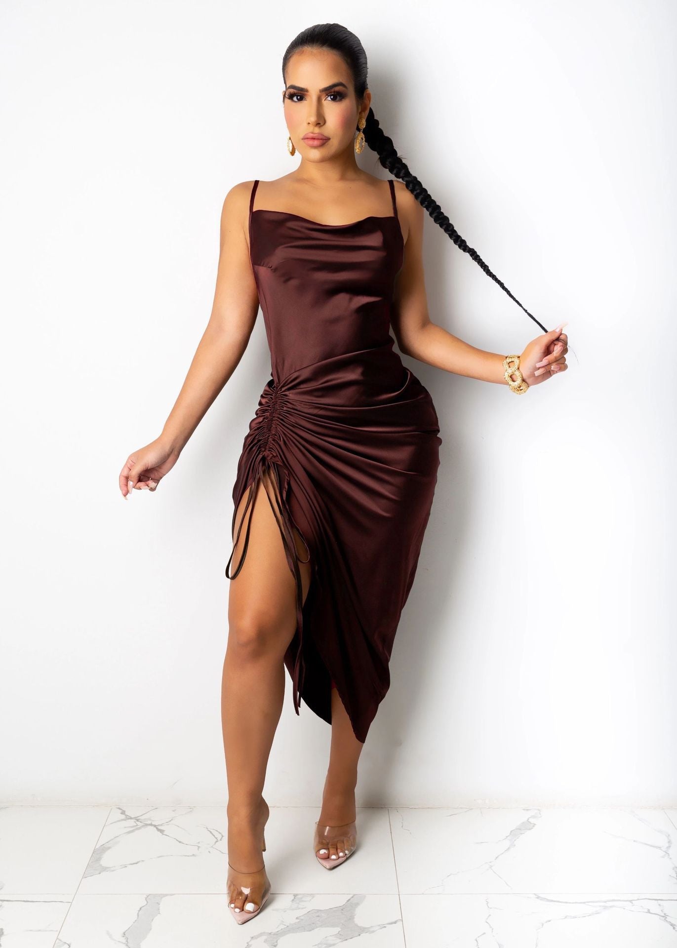 New Arrival Satin Dresses Night Dresses Club Party Sexy Wrinkle Maxi Dress for Woman