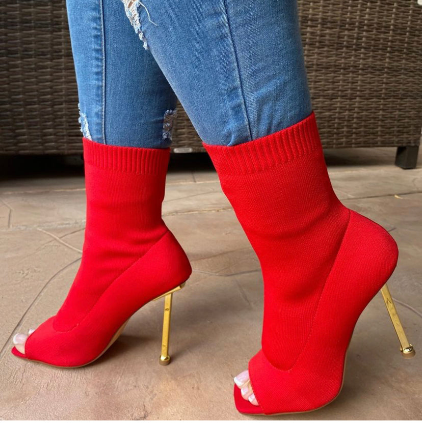 Women Ankle Boots Slip-On Open Toe Ladies Socks Boots Thin High Heels Female Fashion Short Boot Woman Shoes Booties 2022