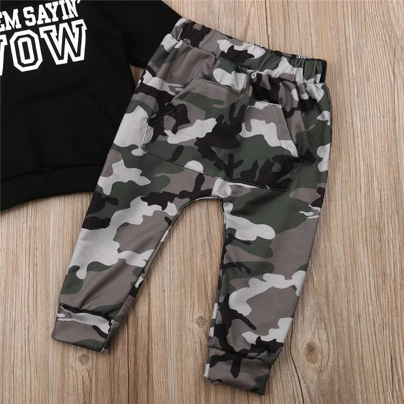 1-6t Boys Clothes Set Black Letter Boys Hooded Sweater Boys Hoodies Tops Camouflage Pants Set Children Boys Outfits