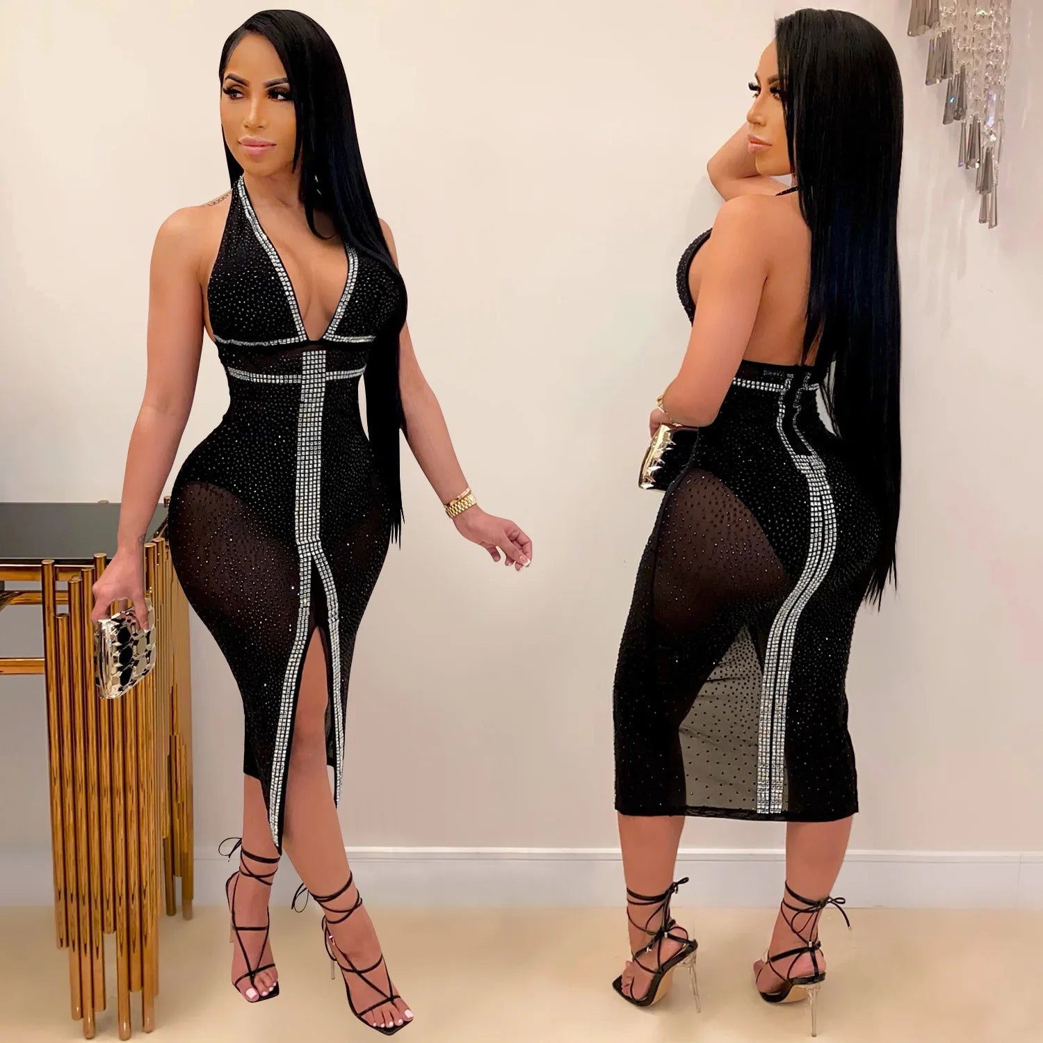 Casual Women Club Fashion Summer Sequin Evening Dresses Mesh Diamond Dress Plus Size Women's Dresses