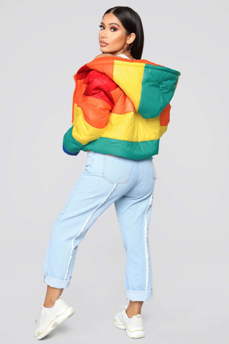 Winter  Women Fashion Rainbow Winter Hoodie Coats Short Puffer Bubble Jacket Women Coats Bubble Coat Puff Jacket