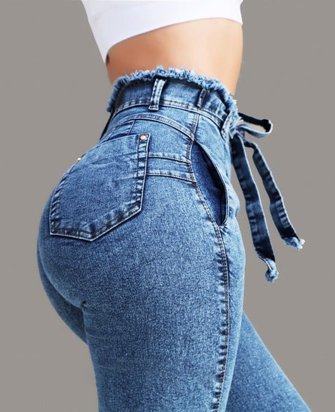 Plus Size Clothing 4XL 5XL Slim Stretch Denim Jean Bodycon Tassel Belt Bandage Skinny Push Up Jeans High Waist Jeans for Women