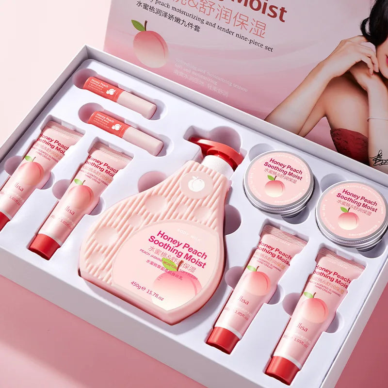 Peach Moisturizing and Delicate Nine-Piece Set Hydrating and Moisturizing Care Set Body Lotion Lip Balm Hand Cream