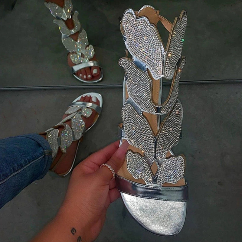 Fashion Women Summer Rhinestone Bowknot Sandal Hollow Flat Open Toe Women's Roman Sandals
