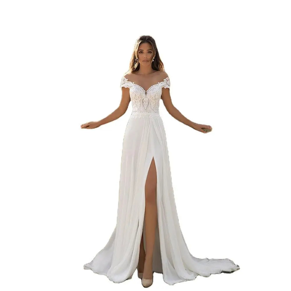 Sexy Off the Shoulder High Slit Light Wedding Dress 2021 Lace Boat Neck A-Line With Train Luxury Wedding Dresses Robe De Marie - My Store