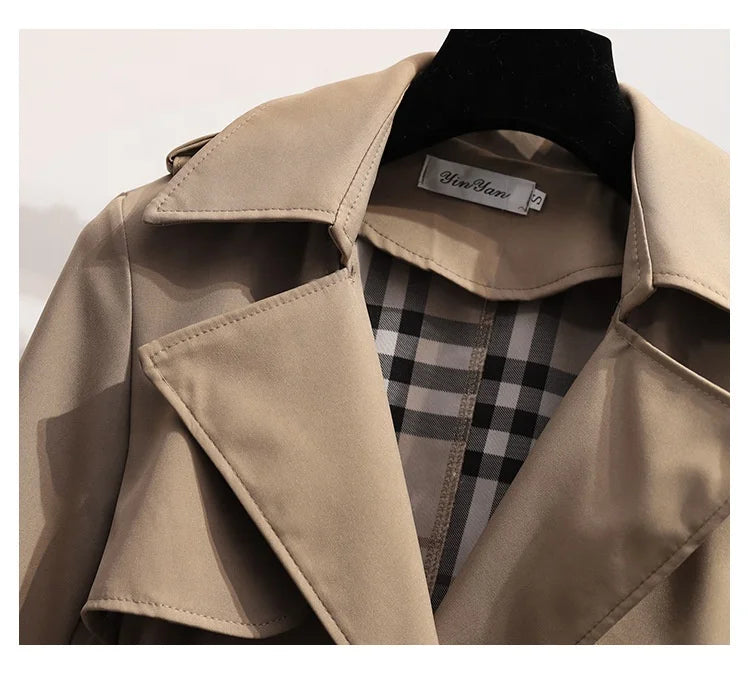 OUDINA Fashion New Sashes Double-Breasted Solid Retro Mid-Length Coat Simple Elegant Trench Coats Casual Women Coat