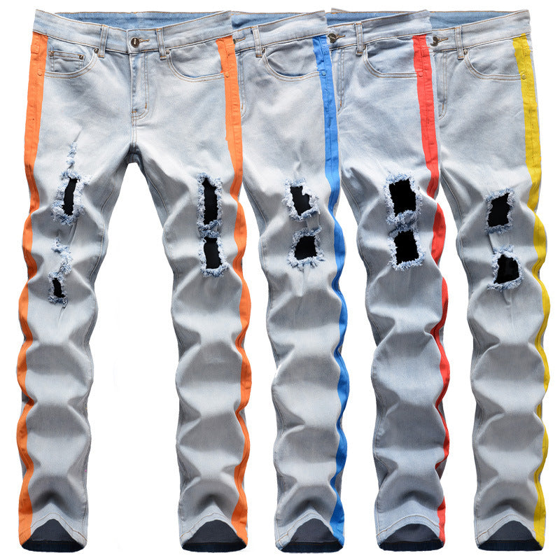Fashion Skinny Ripped Printed Man Denim Pant Jean  Slim Fit Straight Mens Pants Jeans