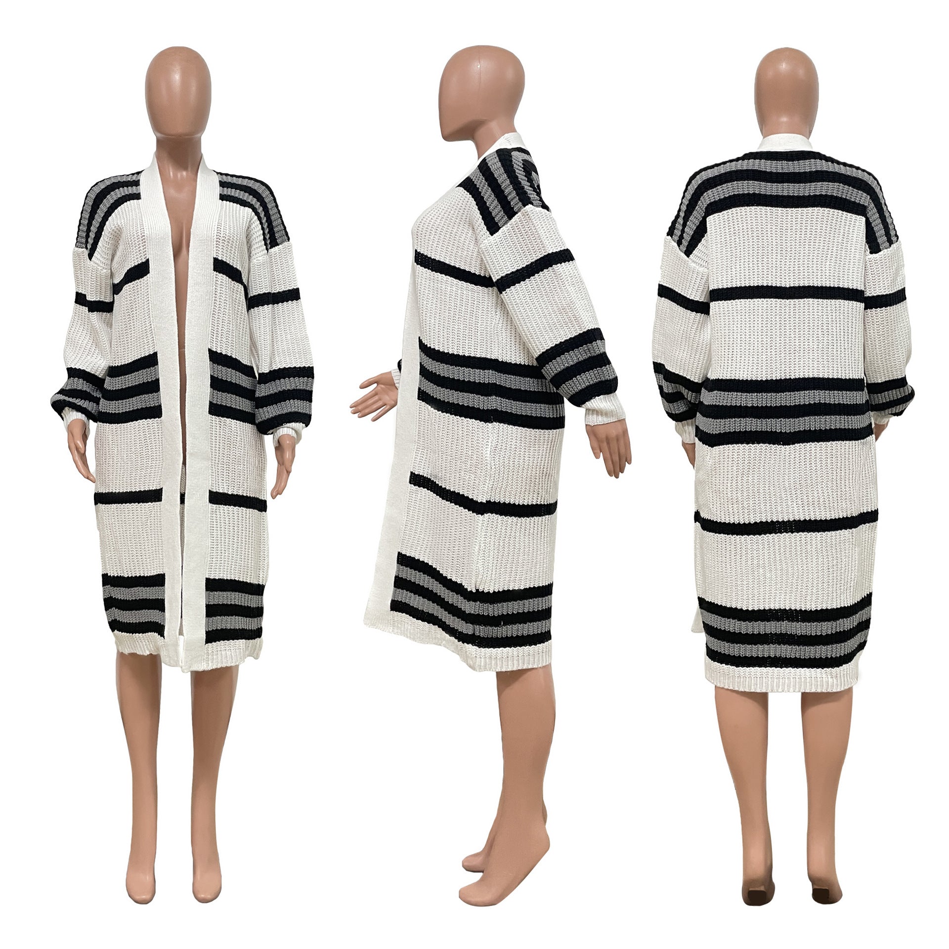 Women Coat Plus Size L-3xl Wear Out Knitted Striped Long Coat   Casual Cardigan Coats for Adult