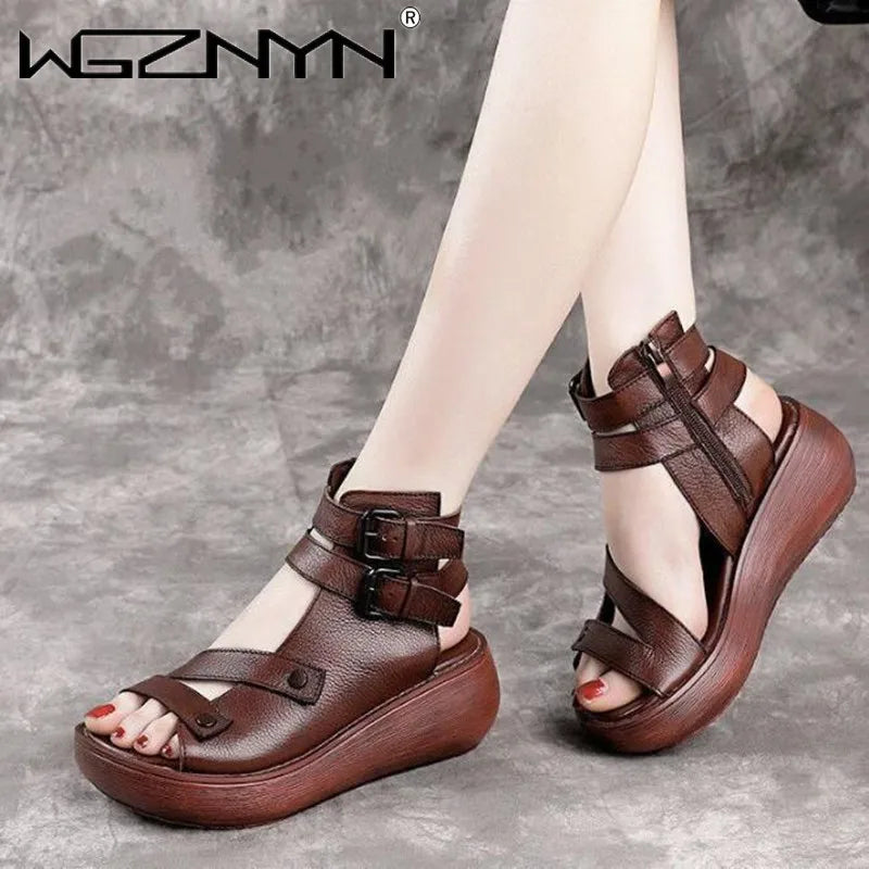 Women Summer Sandals Mid Heels Wedges Shoes Ladies Vintage  Leather Plus Size Sandalias Mujer Sapato Feminino Sandal Platform