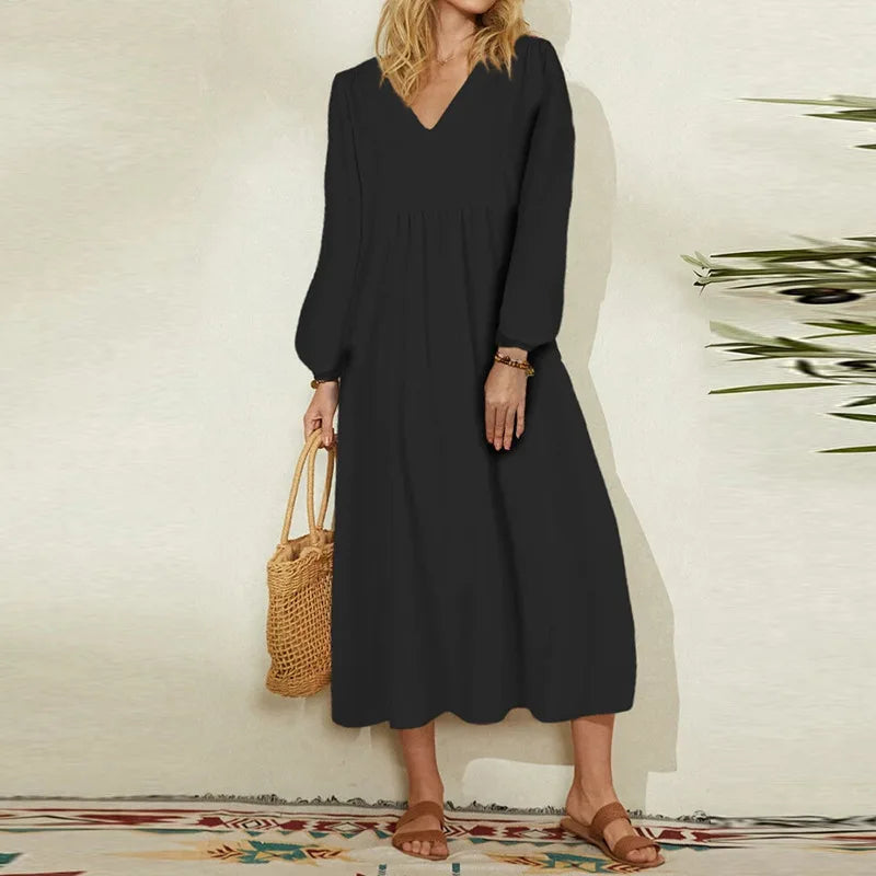 Women Clothing New Casual Dresses Fashion Cotton and Linen Loose Lantern Sleeve Womens Dresses Dress