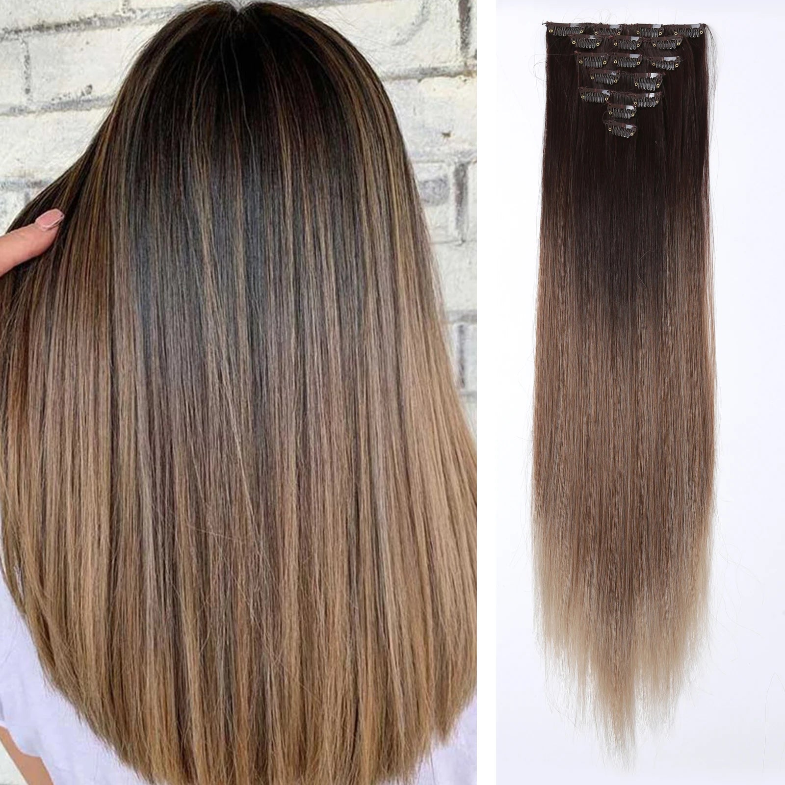 Two-Color Gradient Clip Hair Extension 24" Synthetic Wig Band Clip Clip in Hair Extensions