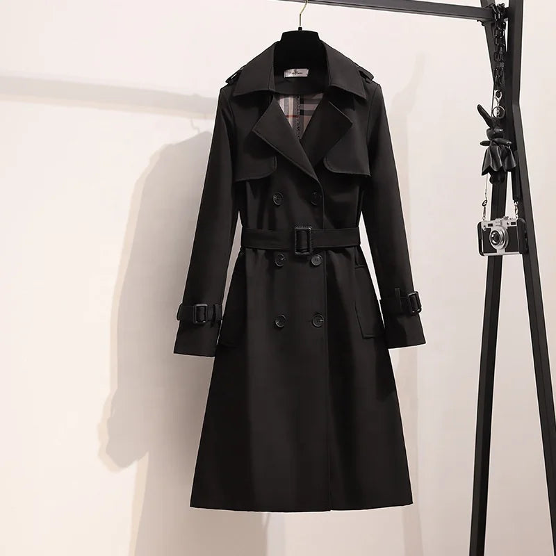 OUDINA Fashion New Sashes Double-Breasted Solid Retro Mid-Length Coat Simple Elegant Trench Coats Casual Women Coat