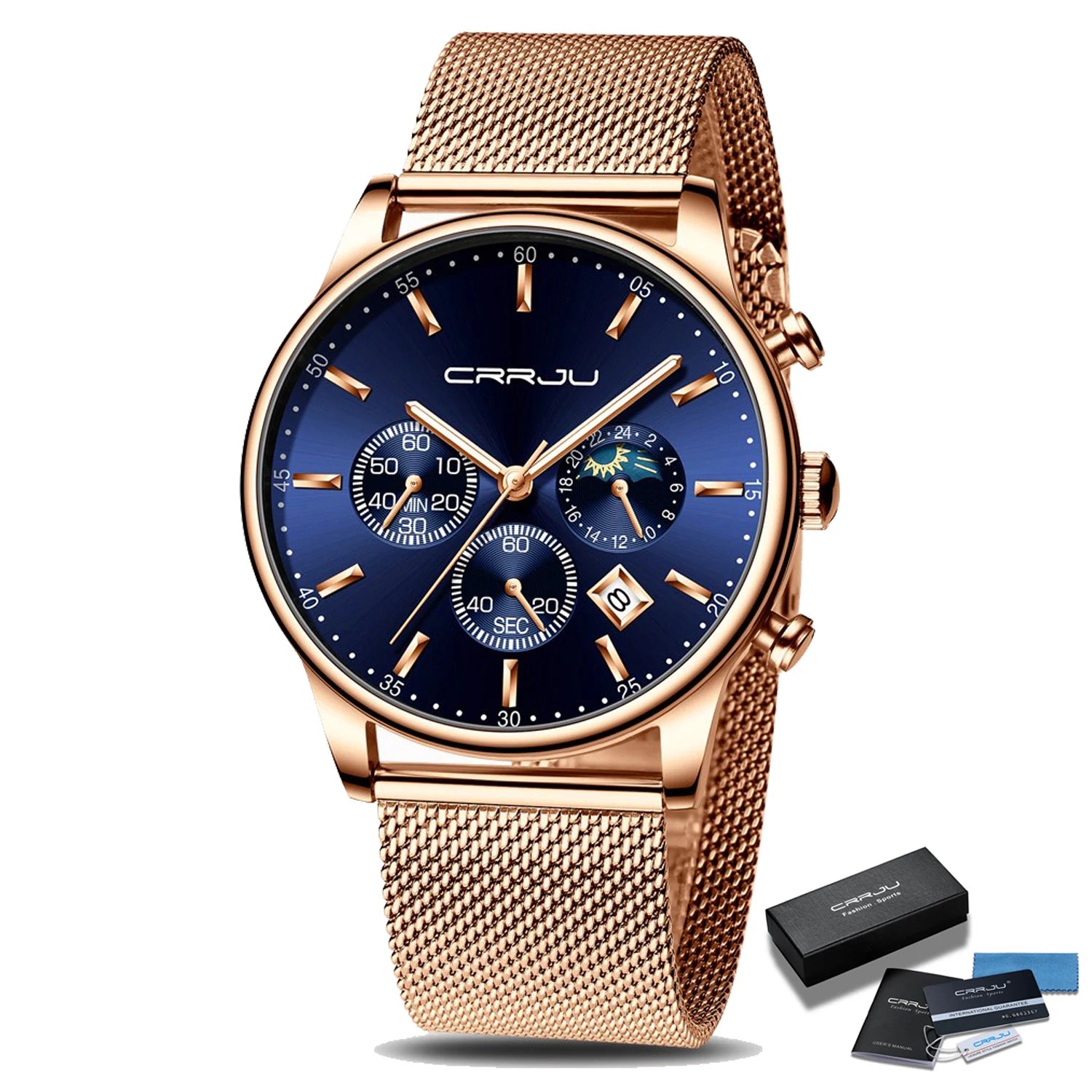 Relogio Masculino CRRJU Luxury Quartz Watch for Men Blue Dial Watches Sport Watches Chronograph Clock Mesh Belt Wrist Watch